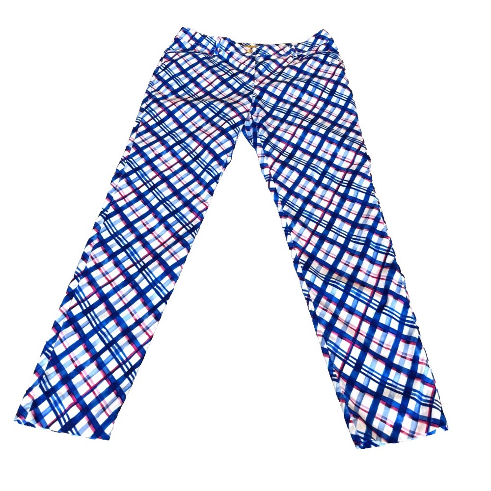 Louis Castel Womens Golf Pants Size 76 Small Blue Pink Plaid Stretch Lightweight